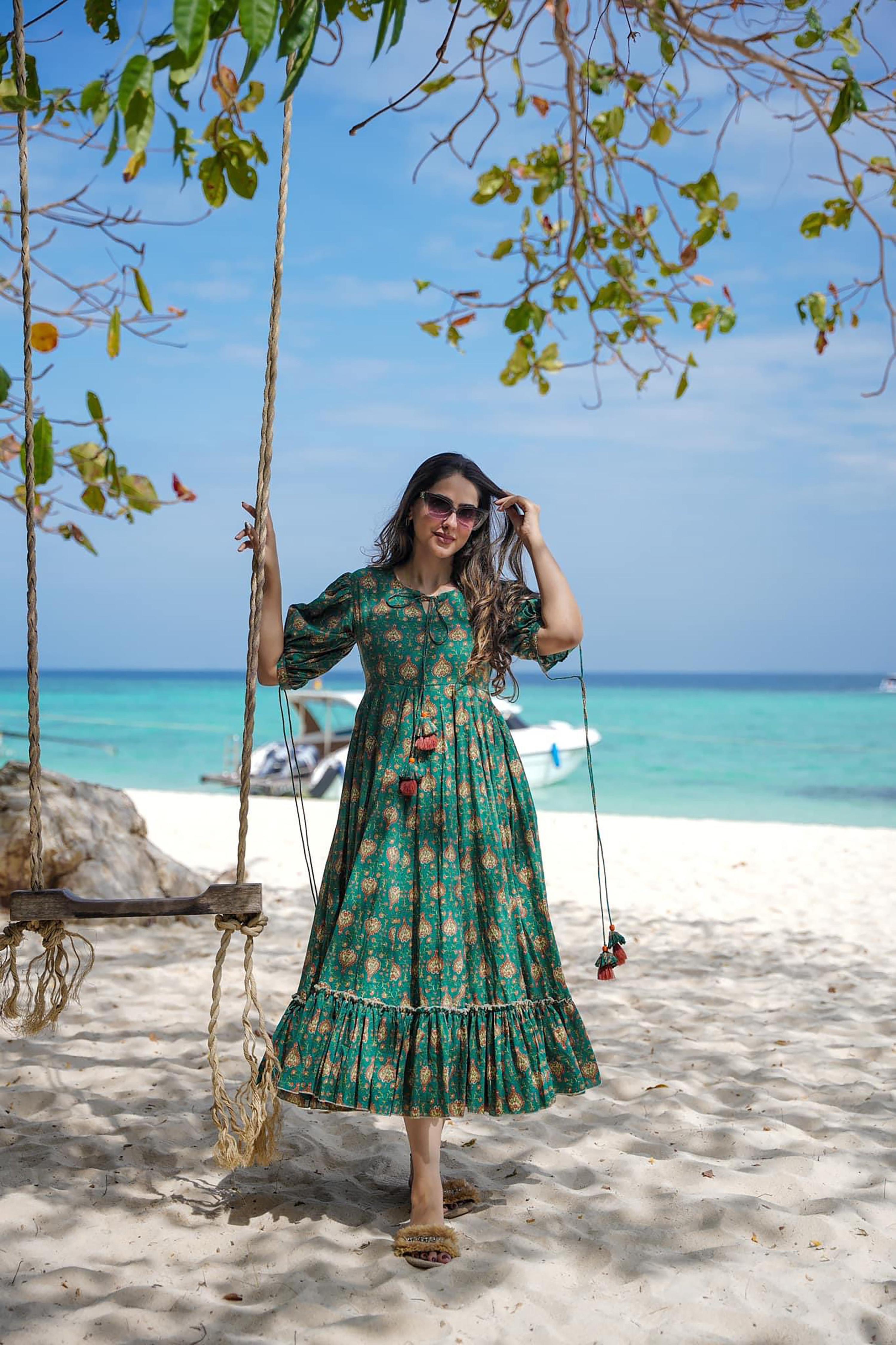 Sonakshi Women's Green Rayon Digital Print Full Round Flair Anarkali Gown Set