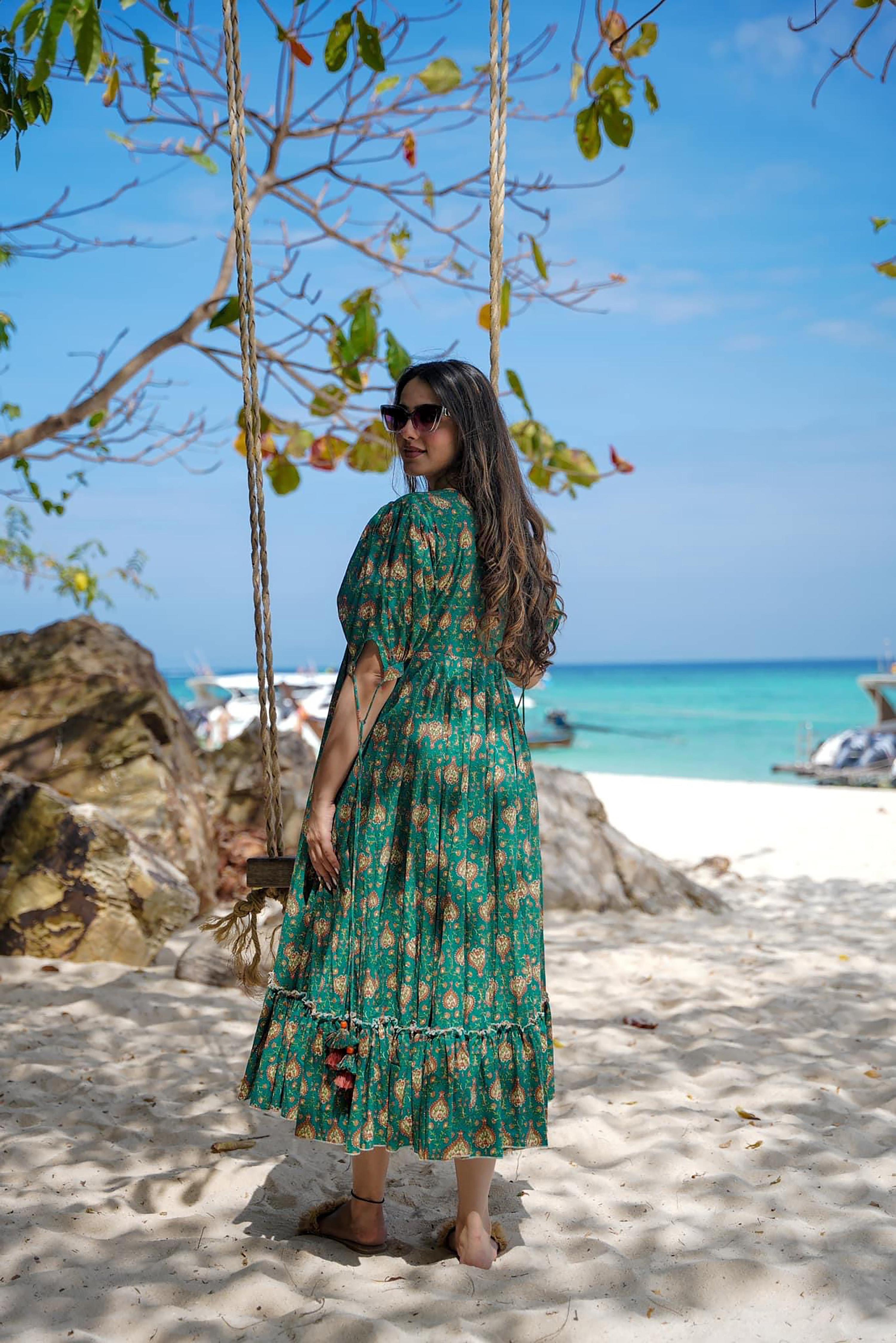 Sonakshi Women's Green Rayon Digital Print Full Round Flair Anarkali Gown Set