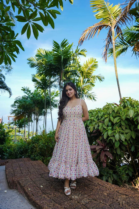 Sonakshi Women's Cream Rayon Digital Print Full Round Flair Anarkali Gown Set