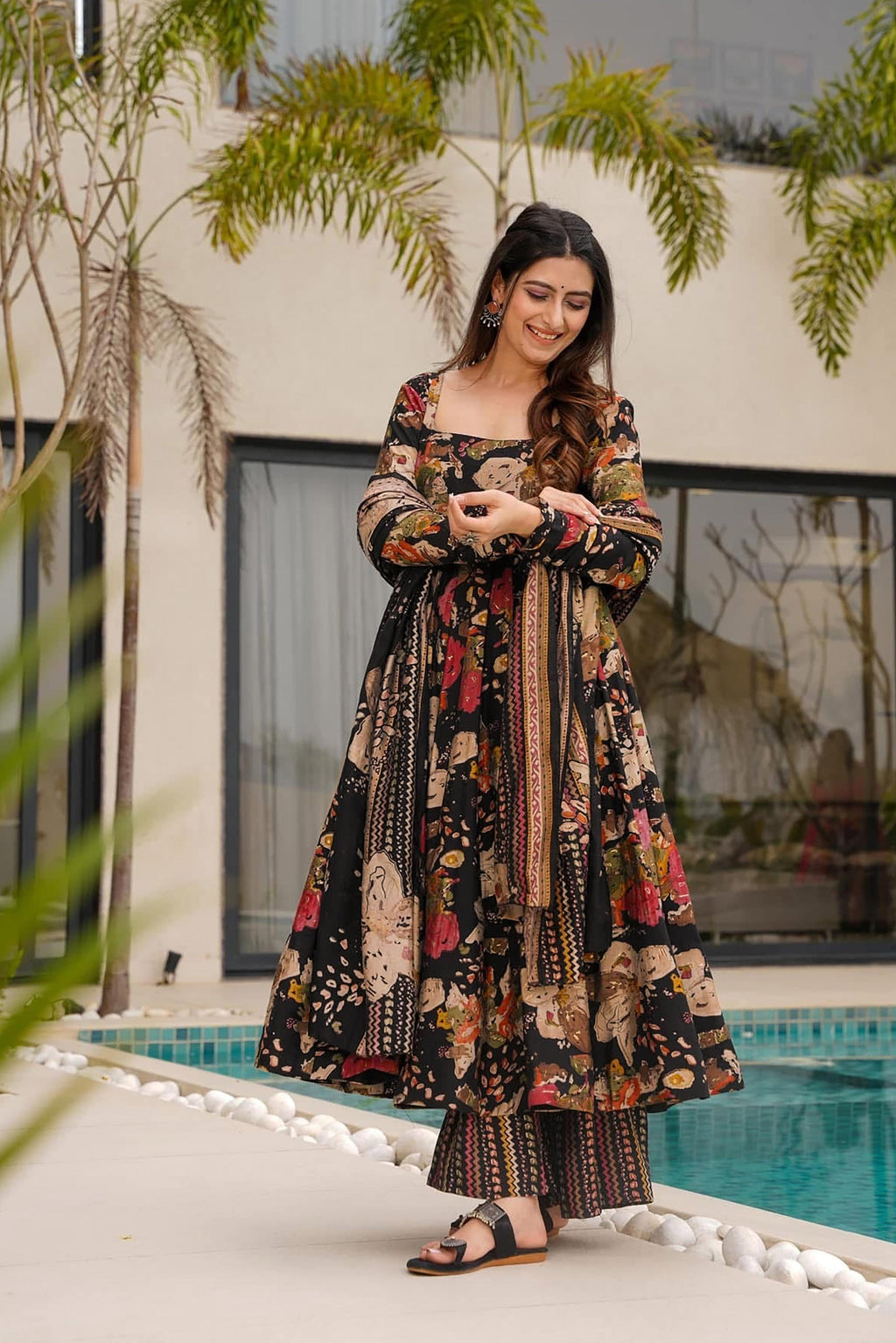 Sonakshi Women's Black Mal cottan Digital Print Full Round Flair Anarkali Gown Set With Dupatta
