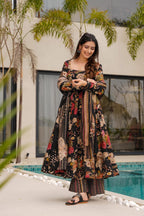 Sonakshi Women's Black Mal cottan Digital Print Full Round Flair Anarkali Gown Set With Dupatta