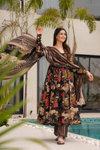 Sonakshi Women's Black Mal cottan Digital Print Full Round Flair Anarkali Gown Set With Dupatta