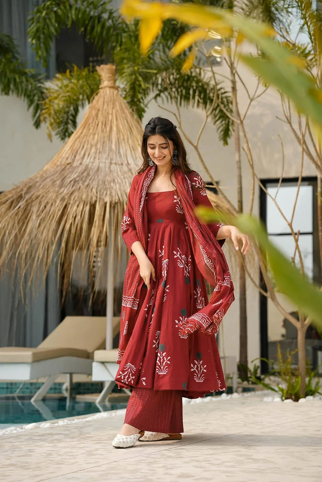 Sonakshi Women's Marron Mal cottan Digital Print Full Round Flair Anarkali Gown Set With Dupatta