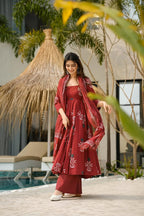 Sonakshi Women's Marron Mal cottan Digital Print Full Round Flair Anarkali Gown Set With Dupatta