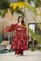 Sonakshi Women's Marron Mal cottan Digital Print Full Round Flair Anarkali Gown Set With Dupatta