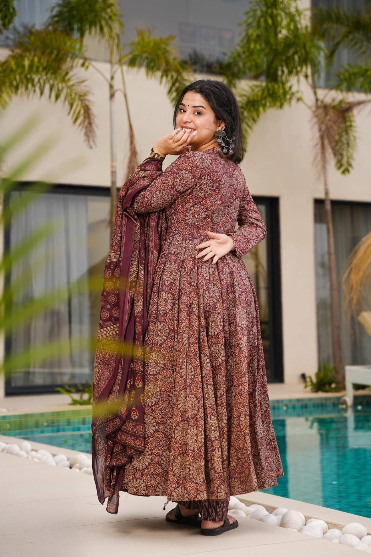 Sonakshi Women's Marron Mal cottan Digital Print Full Round Flair Anarkali Gown Set With Dupatta