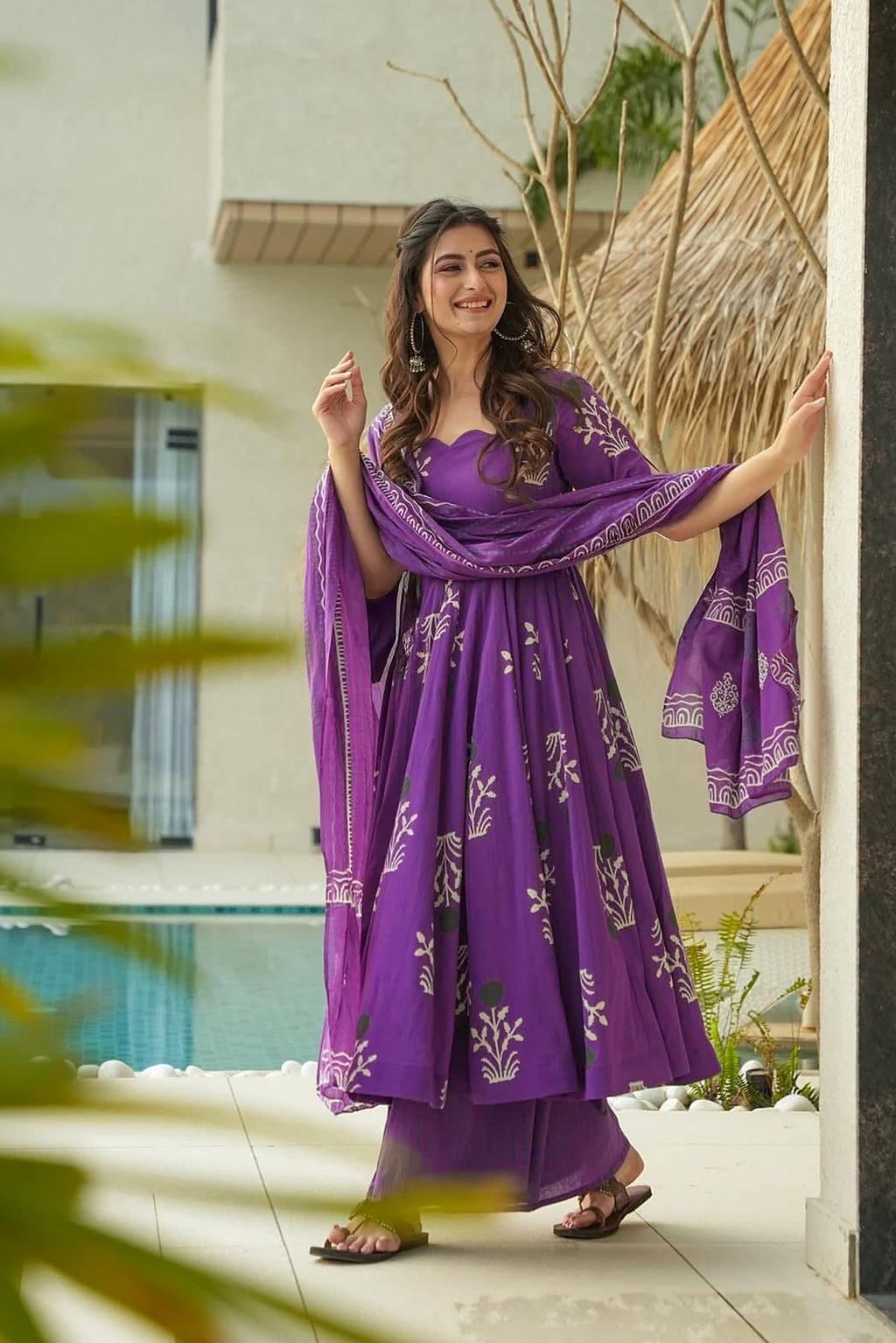 Sonakshi Women's Purple Mal cottan Digital Print Full Round Flair Anarkali Gown Set With Dupatta