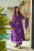 Sonakshi Women's Purple Mal cottan Digital Print Full Round Flair Anarkali Gown Set With Dupatta
