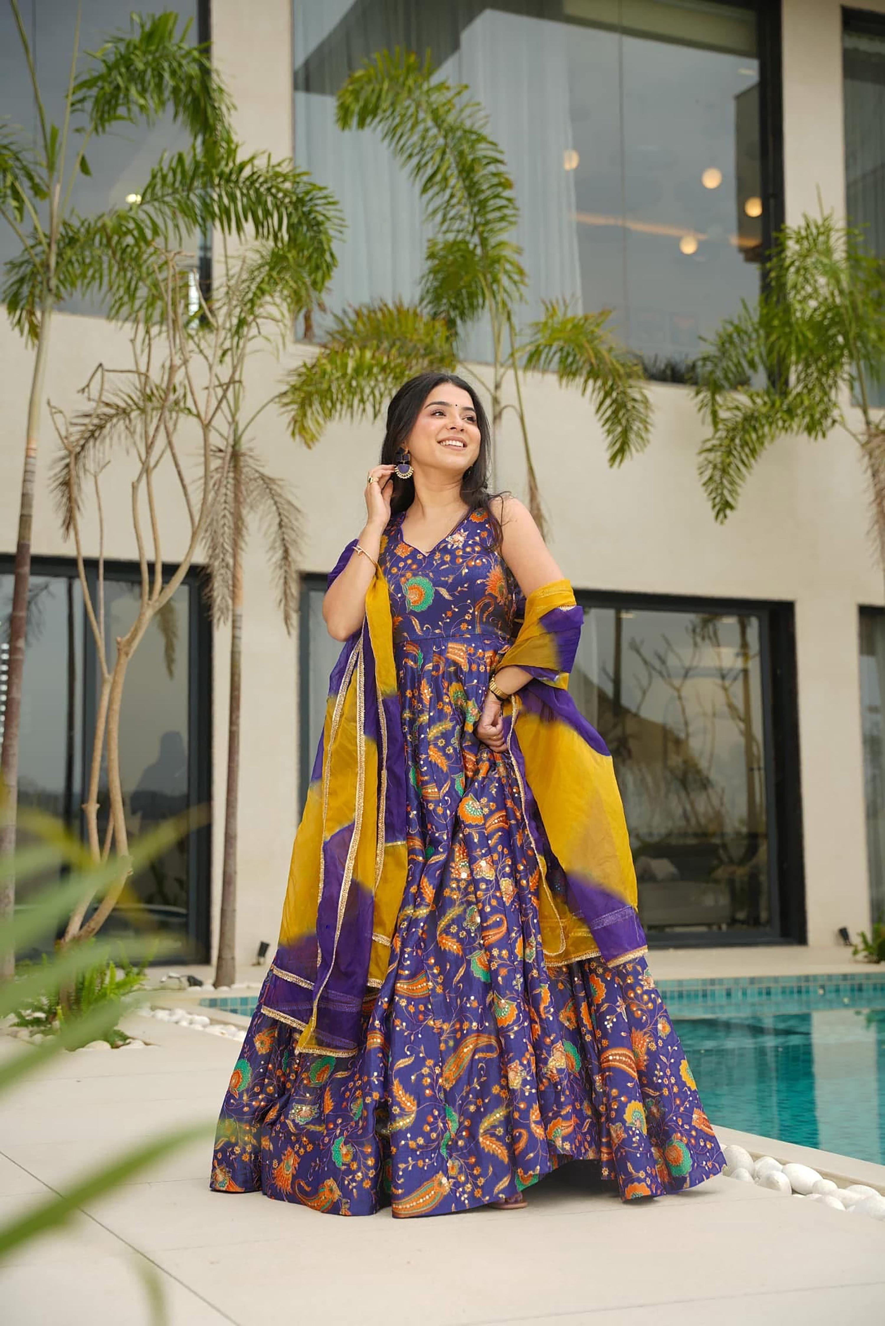 Sonakshi Women's Purple Silk Digital Print Full Round Flair Anarkali Gown Set With Dupatta
