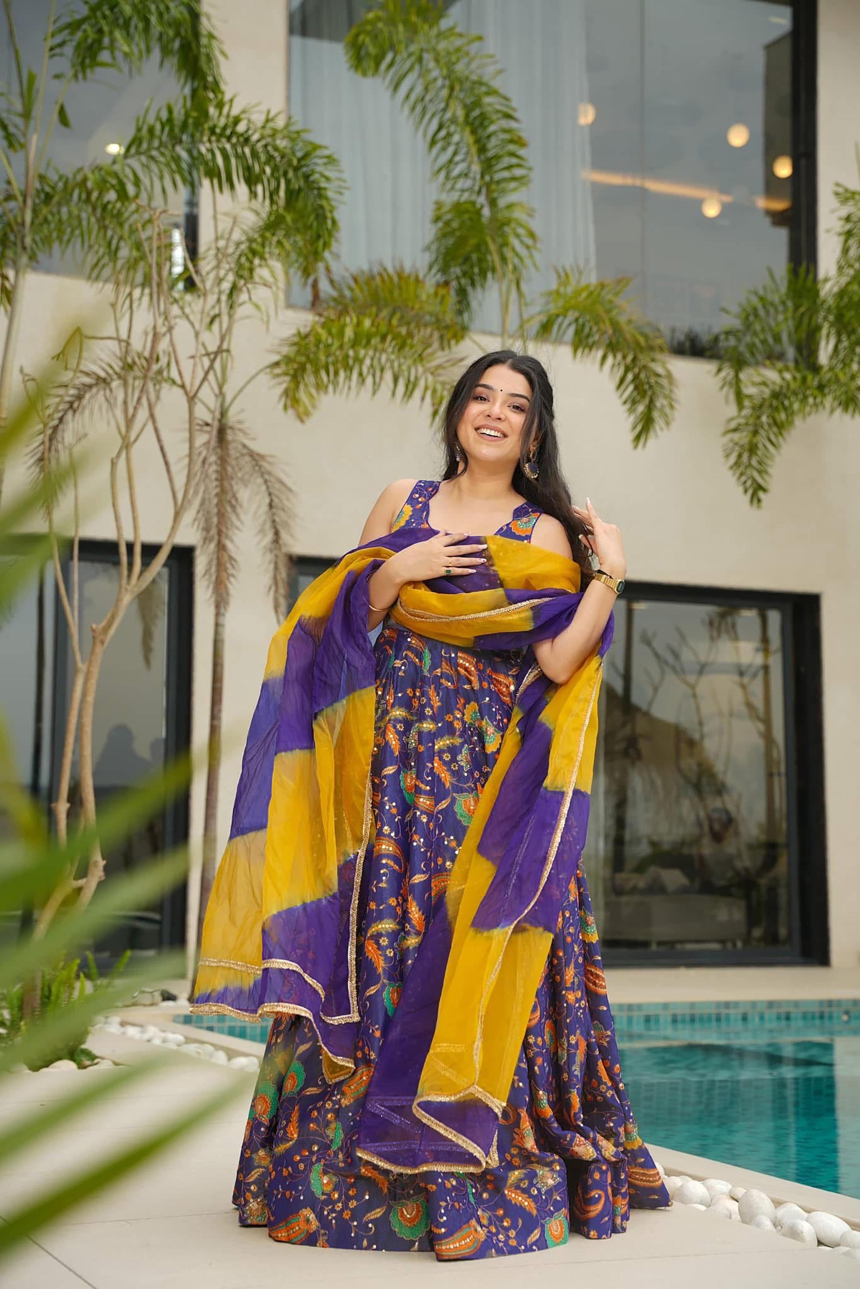 Sonakshi Women's Purple Silk Digital Print Full Round Flair Anarkali Gown Set With Dupatta