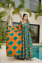 Sonakshi Women's Green Silk Digital Print Full Round Flair Anarkali Gown Set With Dupatta - Distacart