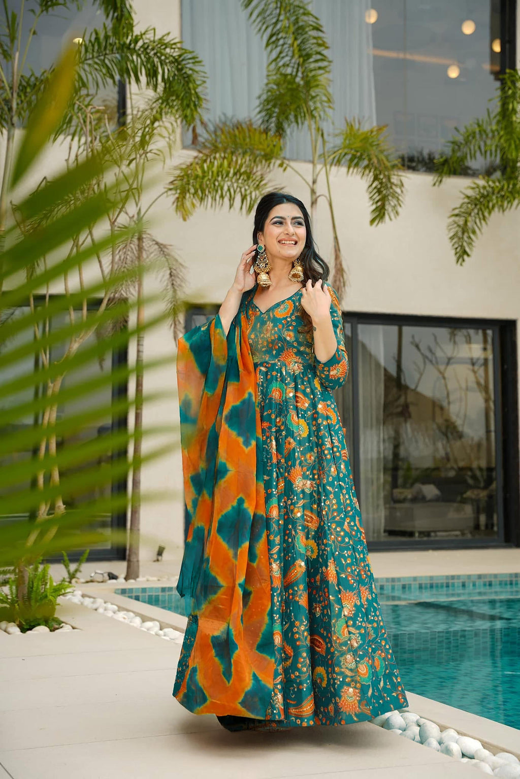 Sonakshi Women's Green Silk Digital Print Full Round Flair Anarkali Gown Set With Dupatta - Distacart