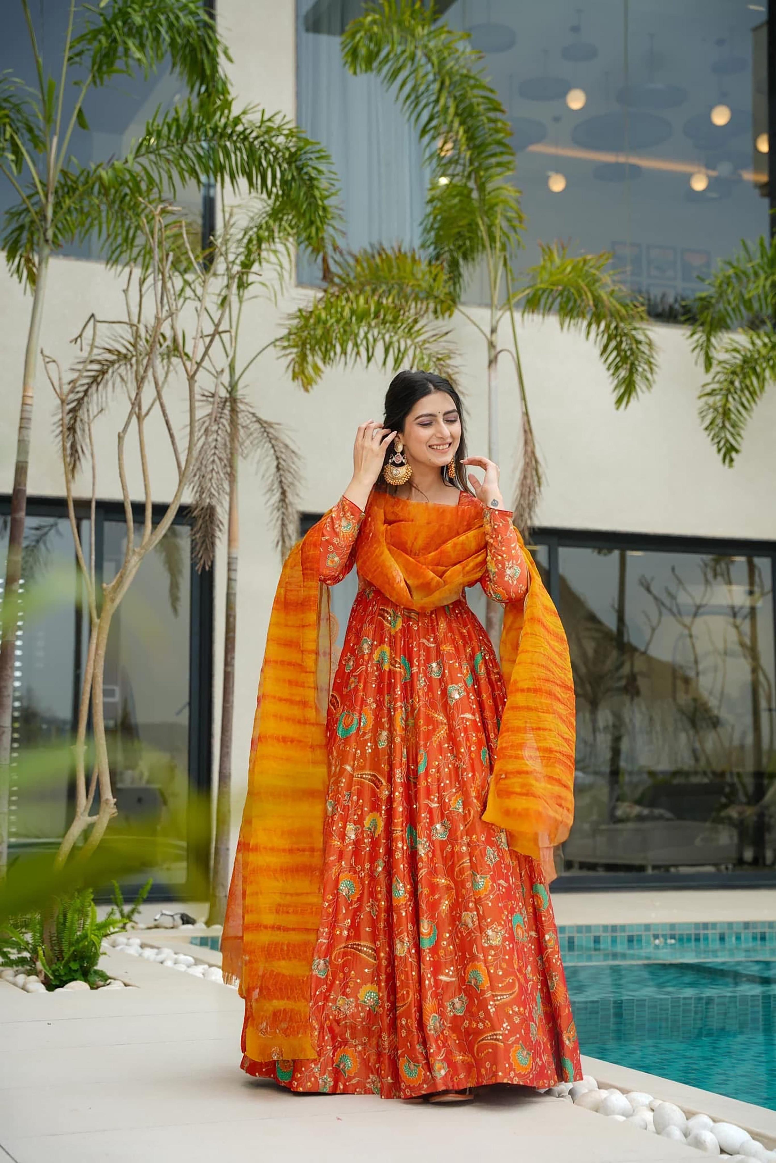 Sonakshi Women's Yellow Silk Digital Print Full Round Flair Anarkali Gown Set With Dupatta