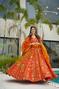 Sonakshi Women's Yellow Silk Digital Print Full Round Flair Anarkali Gown Set With Dupatta