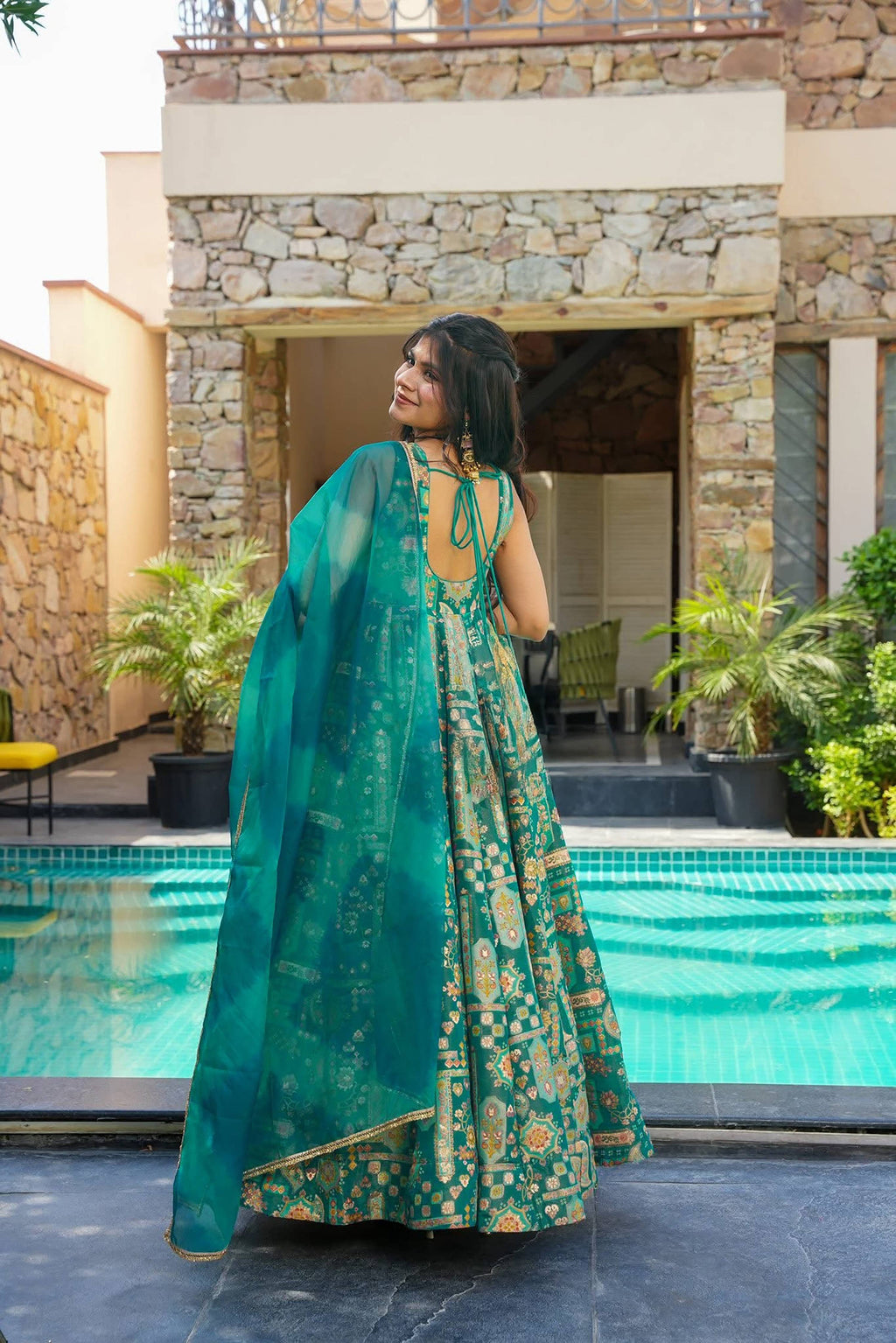 Sonakshi Women's Green Silk Digital Print Full Round Flair Anarkali Gown Set With Dupatta