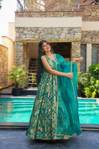 Sonakshi Women's Green Silk Digital Print Full Round Flair Anarkali Gown Set With Dupatta