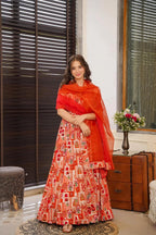 Sonakshi Women's Red Silk Digital Print Full Round Flair Anarkali Gown Set With Dupatta
