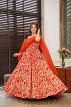 Sonakshi Women's Red Silk Digital Print Full Round Flair Anarkali Gown Set With Dupatta