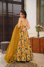 Sonakshi Women's Yellow Silk Digital Print Full Round Flair Anarkali Gown Set With Dupatta