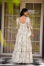 Sonakshi Women's Cream Rayon Digital Print Full Round Flair Anarkali Gown Set