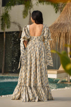 Sonakshi Women's Biscuit Rayon Digital Print Full Round Flair Anarkali Gown Set