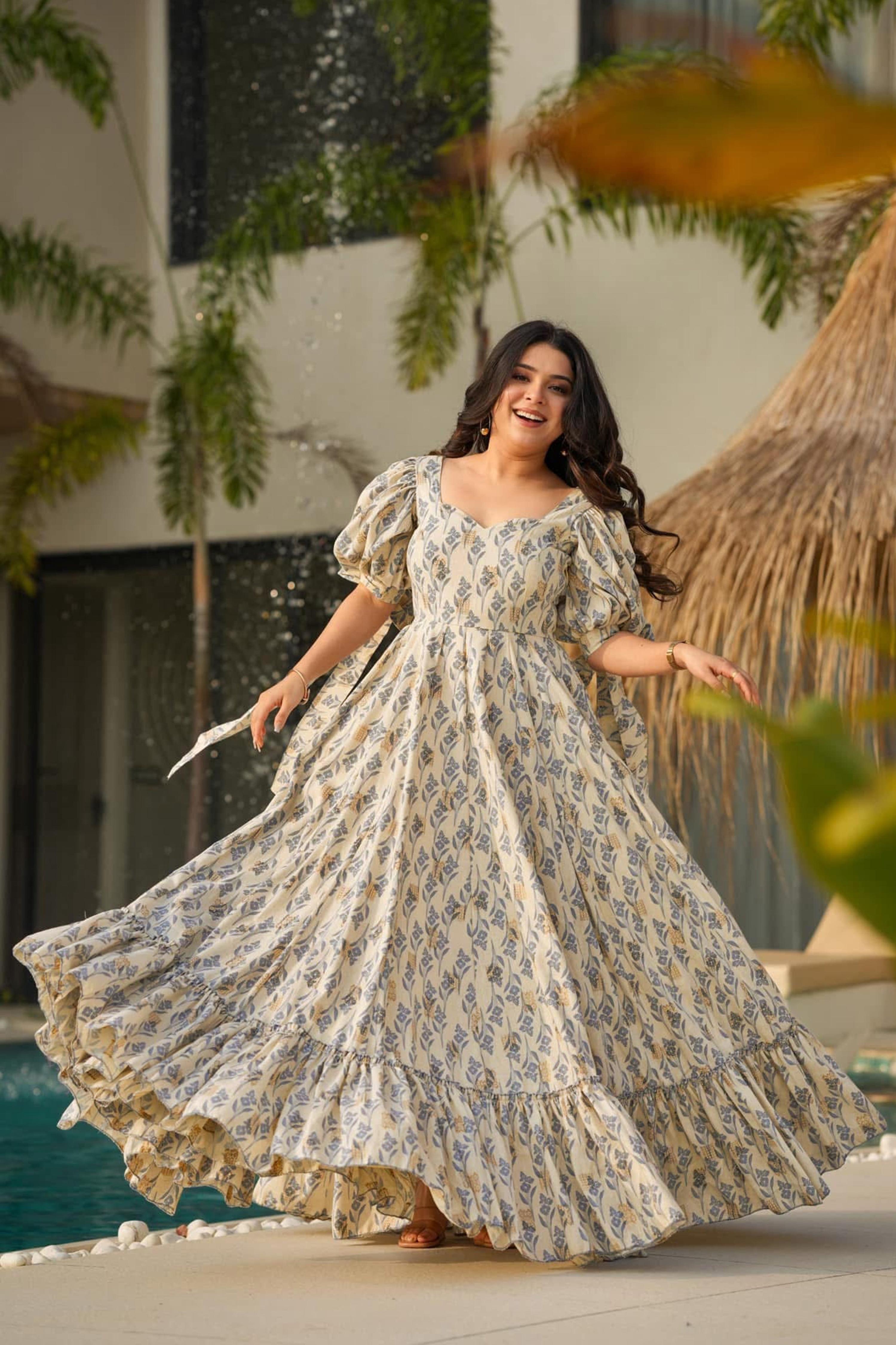 Sonakshi Women's Biscuit Rayon Digital Print Full Round Flair Anarkali Gown Set