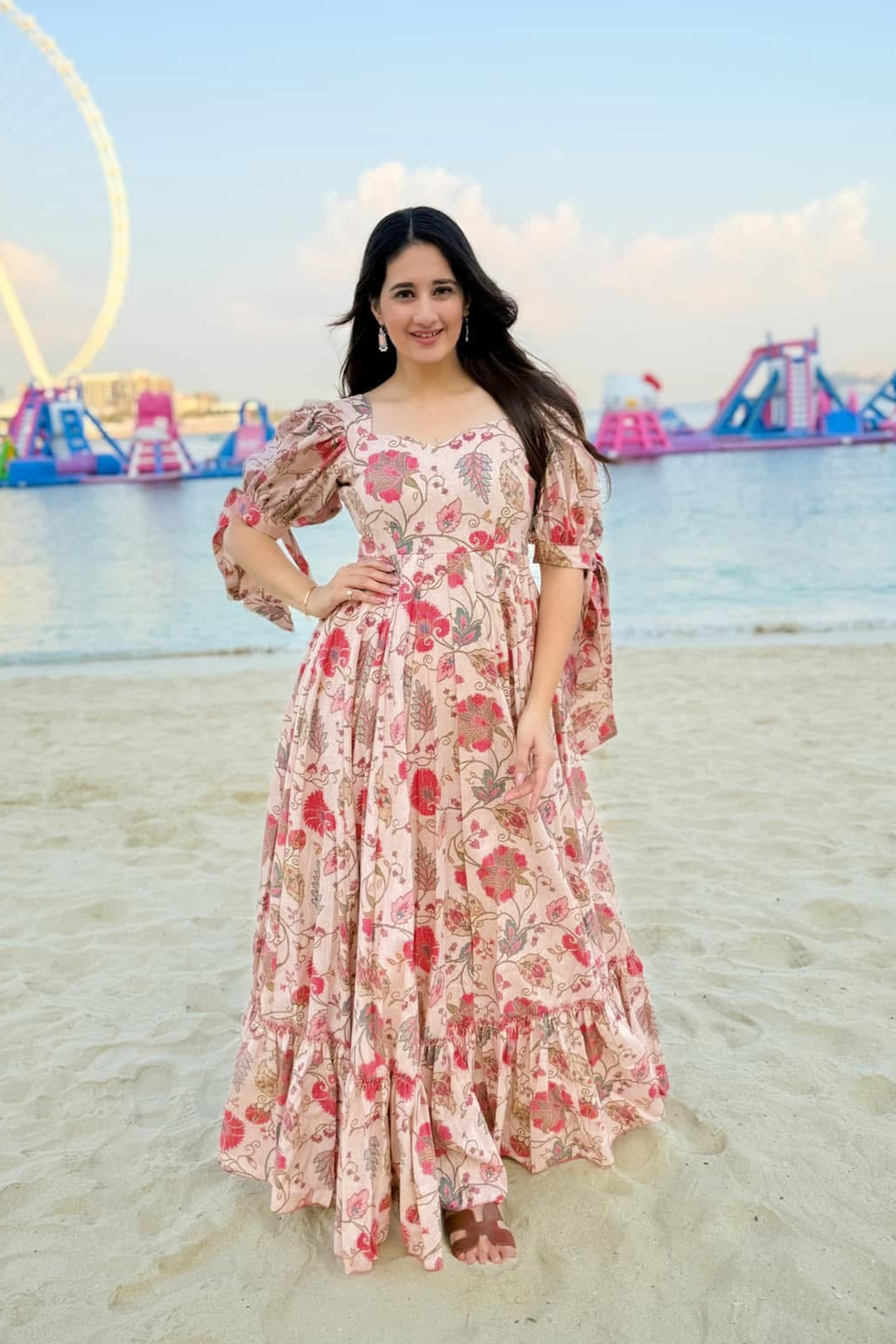 Sonakshi Women's Pink Rayon Digital Print Full Round Flair Anarkali Gown Set