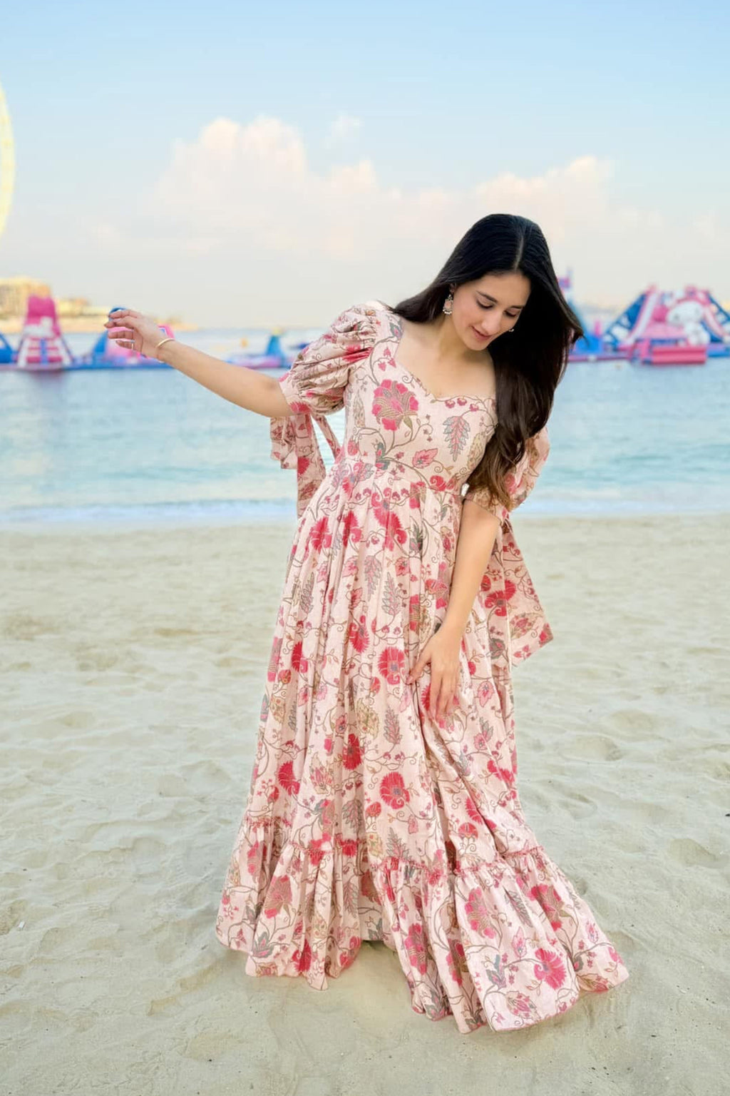 Sonakshi Women's Pink Rayon Digital Print Full Round Flair Anarkali Gown Set