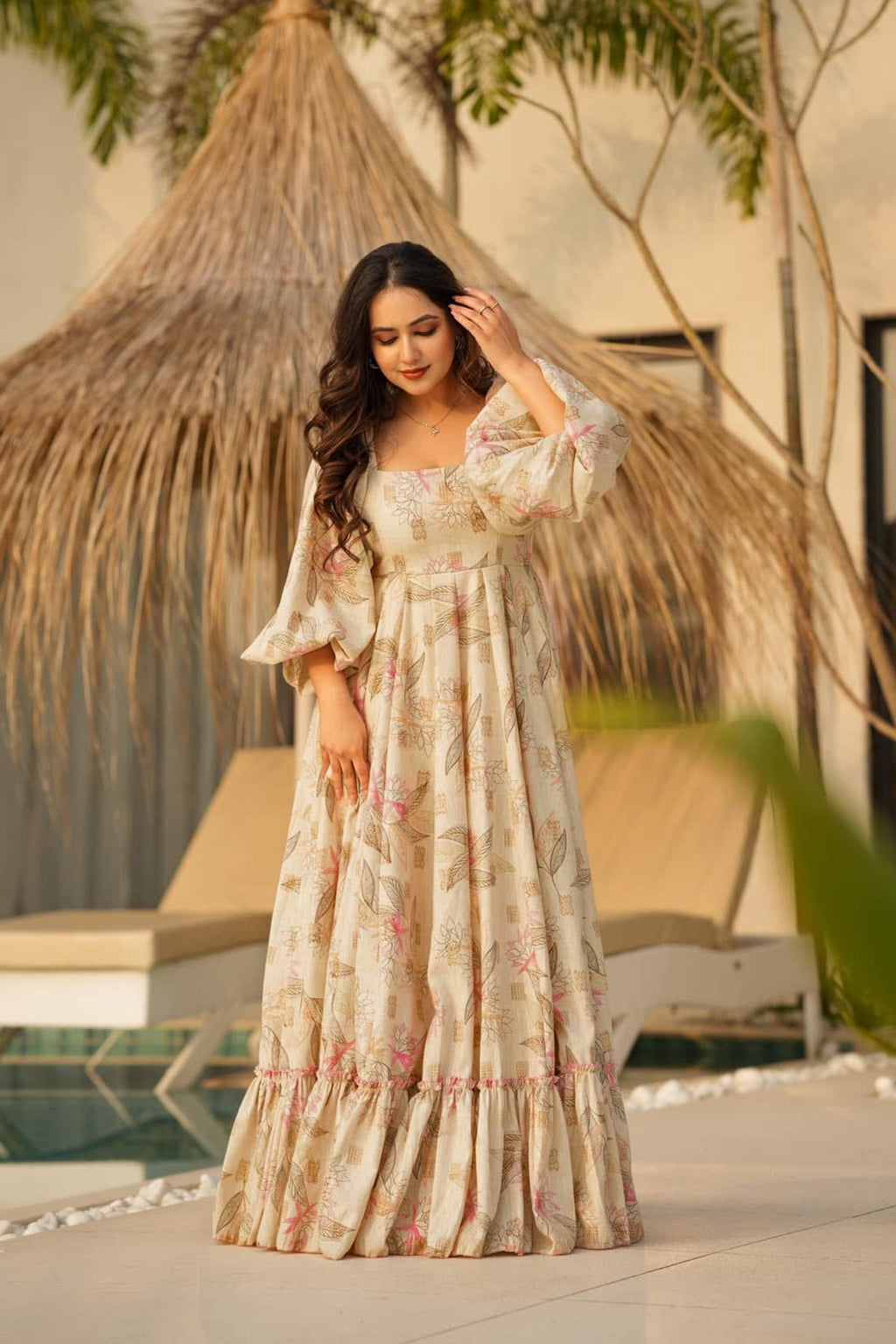 Sonakshi Women's Offwhite Rayon Digital Print Full Round Flair Anarkali Gown Set
