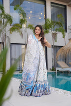 Sonakshi Women's white Rayon Digital Print Full Round Flair Anarkali Gown Set