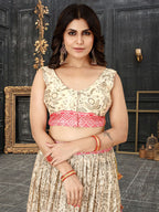 Sonakshi Women's White Chinon Silk Ajrakh Heavy digital Printed Lehenga Choli With Dupatta