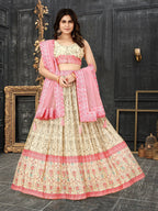 Sonakshi Women's White Chinon Silk Ajrakh Heavy digital Printed Lehenga Choli With Dupatta