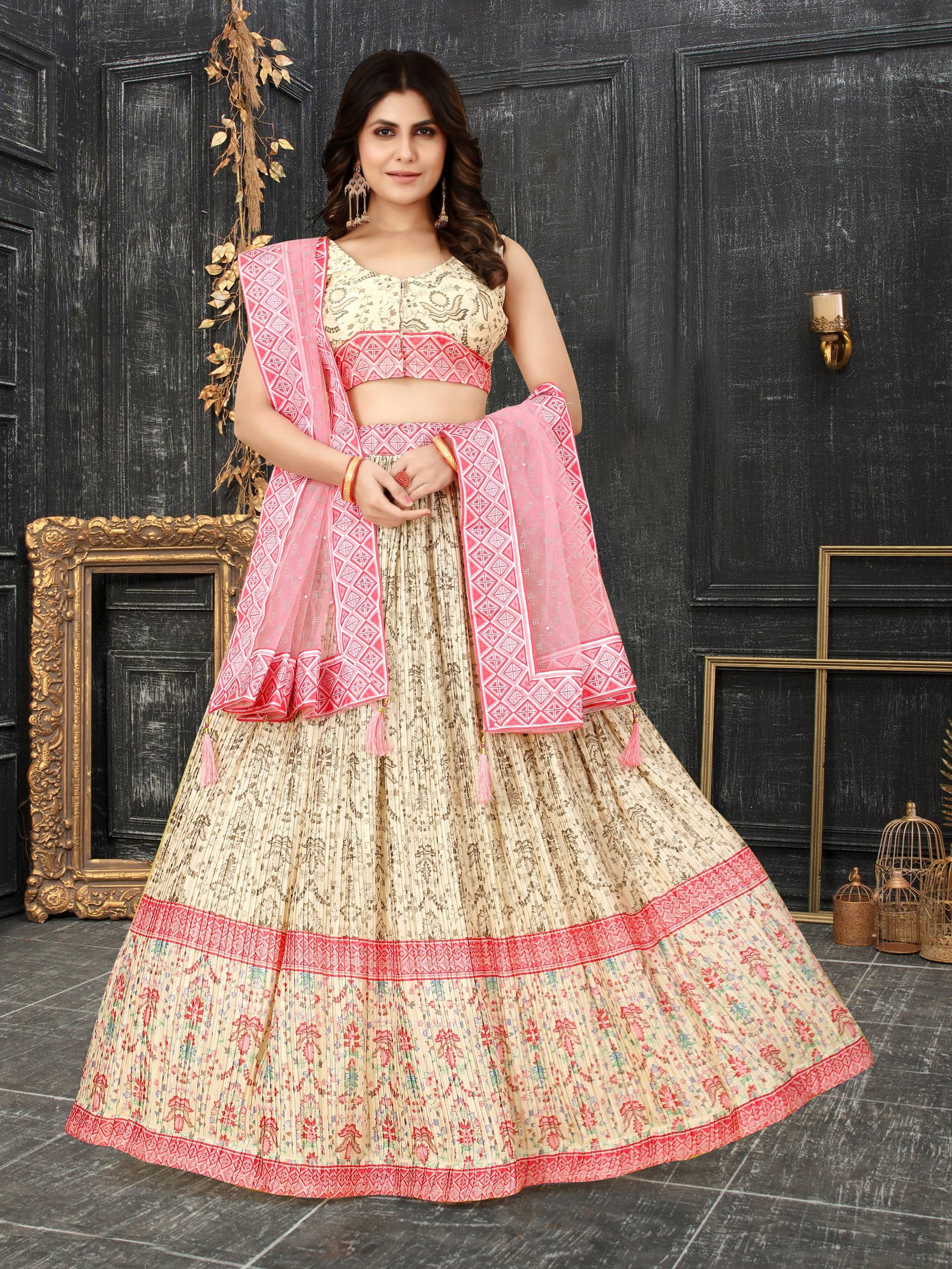 Sonakshi Women's White Chinon Silk Ajrakh Heavy digital Printed Lehenga Choli With Dupatta