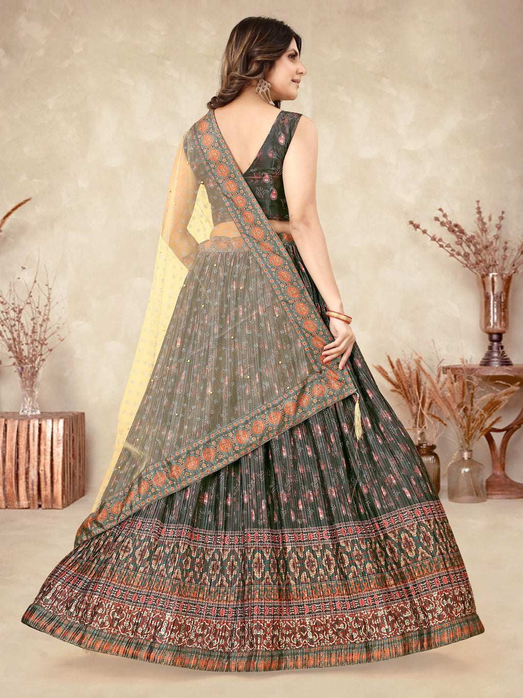 Sonakshi Women's Black Chinon Silk Ajrakh Heavy digital Printed Lehenga Choli With Dupatta