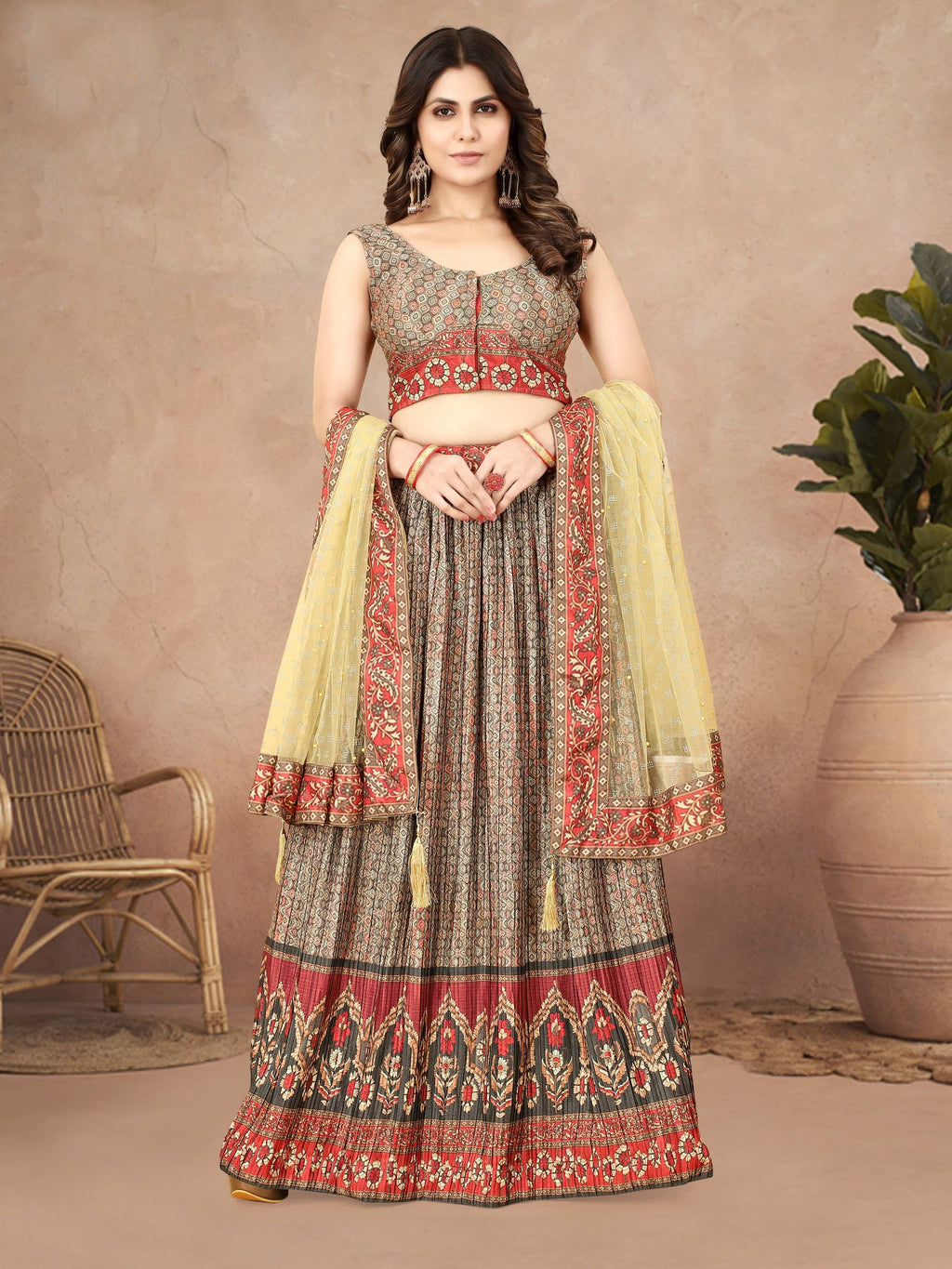 Sonakshi Women's Grey Chinon Silk Ajrakh Heavy digital Printed Lehenga Choli With Dupatta
