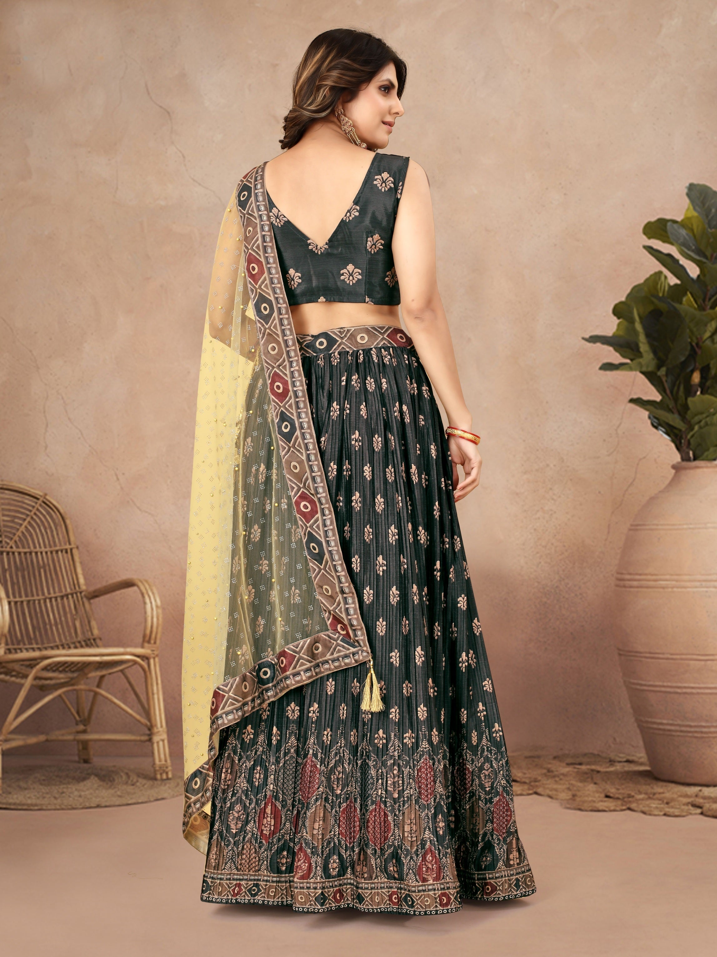 Sonakshi Women's Black Chinon Silk Ajrakh Heavy digital Printed Lehenga Choli With Dupatta