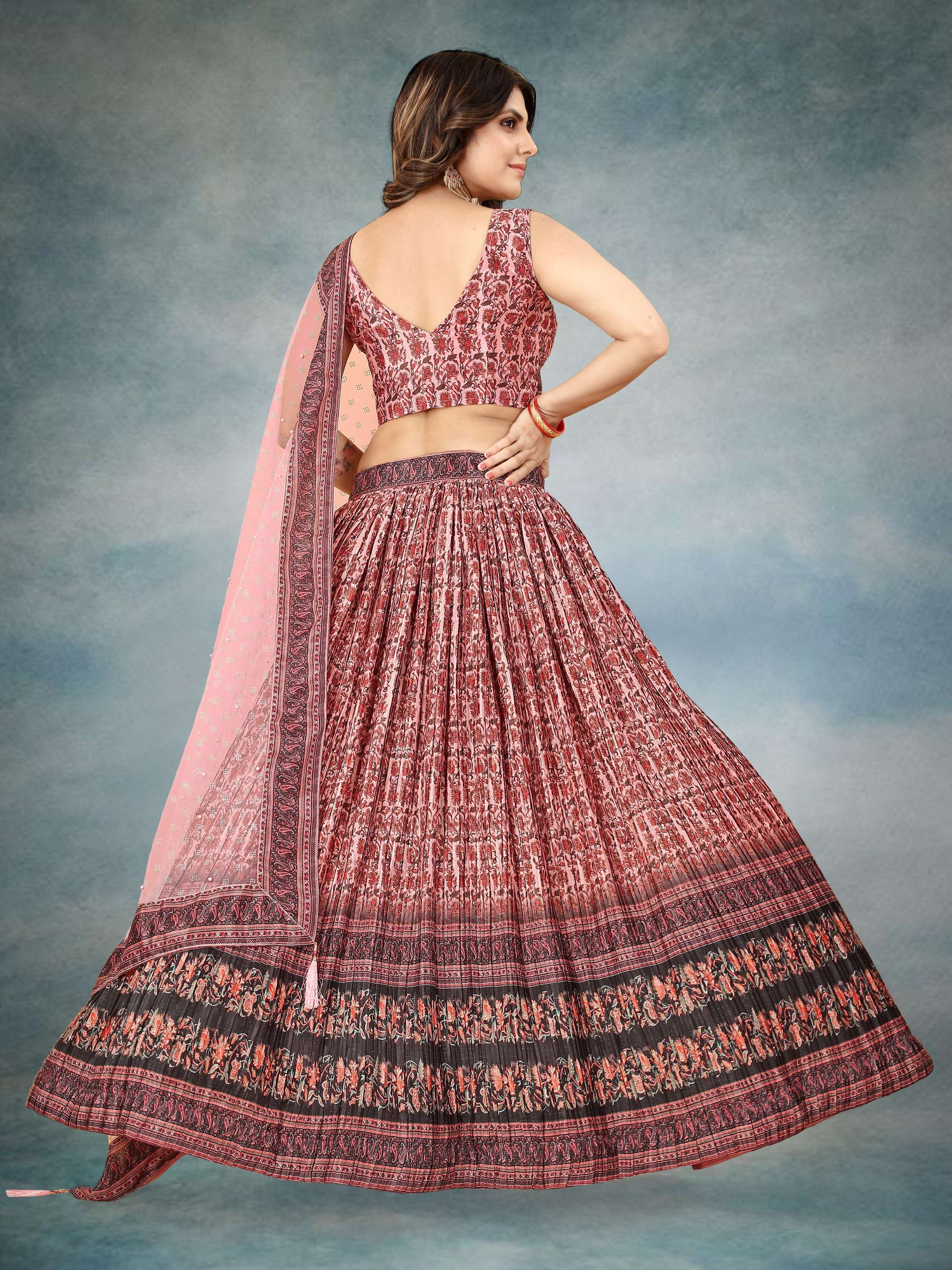 Sonakshi Women's Maroon Chinon Silk Ajrakh Heavy digital Printed Lehenga Choli With Dupatta