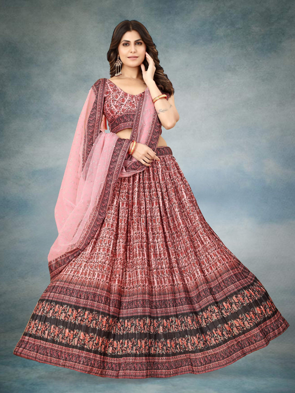 Sonakshi Women's Maroon Chinon Silk Ajrakh Heavy digital Printed Lehenga Choli With Dupatta