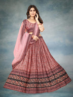 Sonakshi Women's Maroon Chinon Silk Ajrakh Heavy digital Printed Lehenga Choli With Dupatta