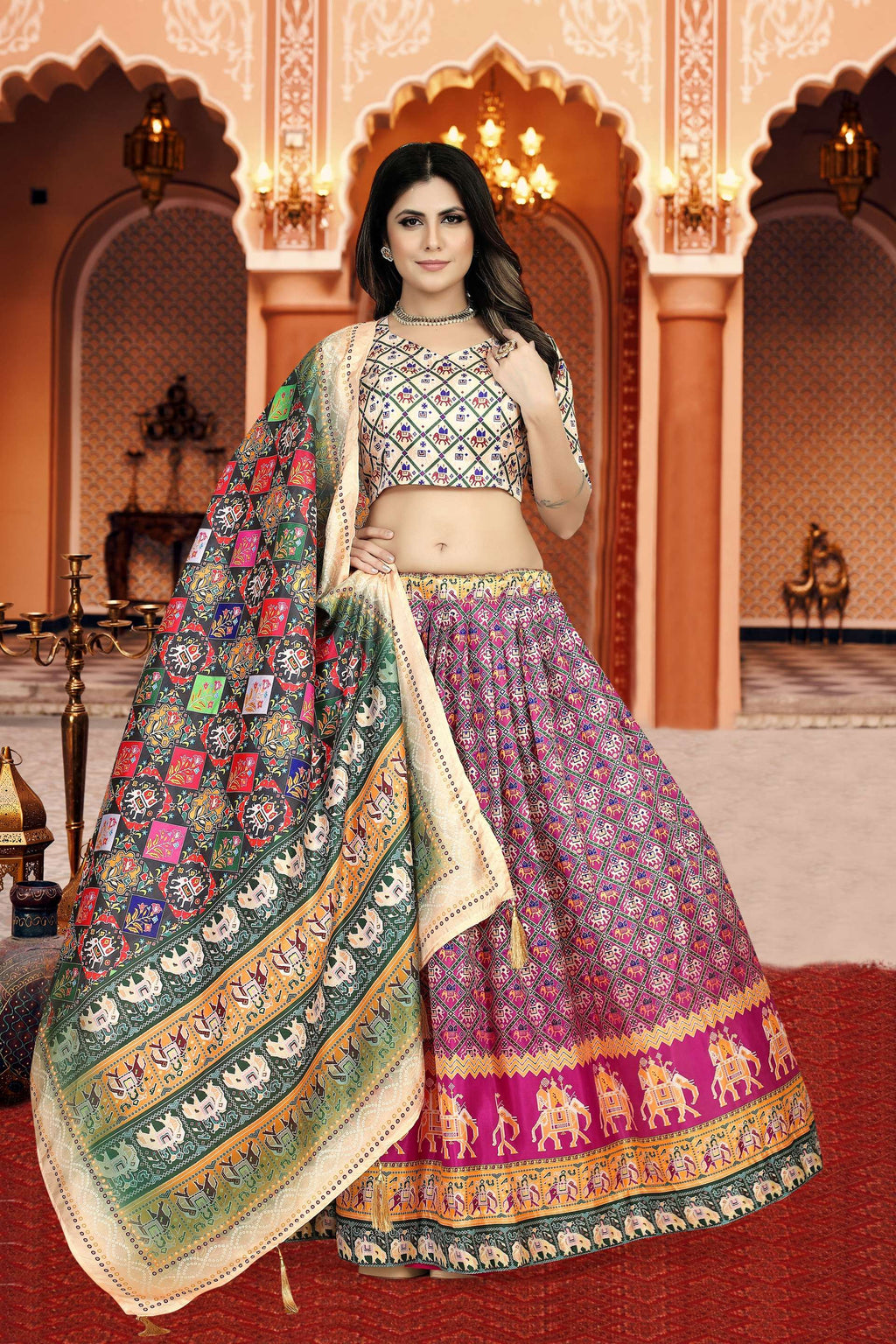 Sonakshi Women's Multicolor Dola Silk Digital Printed Lehenga Choli With Dupatta - Distacart