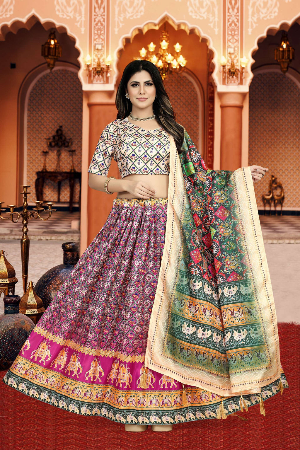 Sonakshi Women's Multicolor Dola Silk Digital Printed Lehenga Choli With Dupatta - Distacart