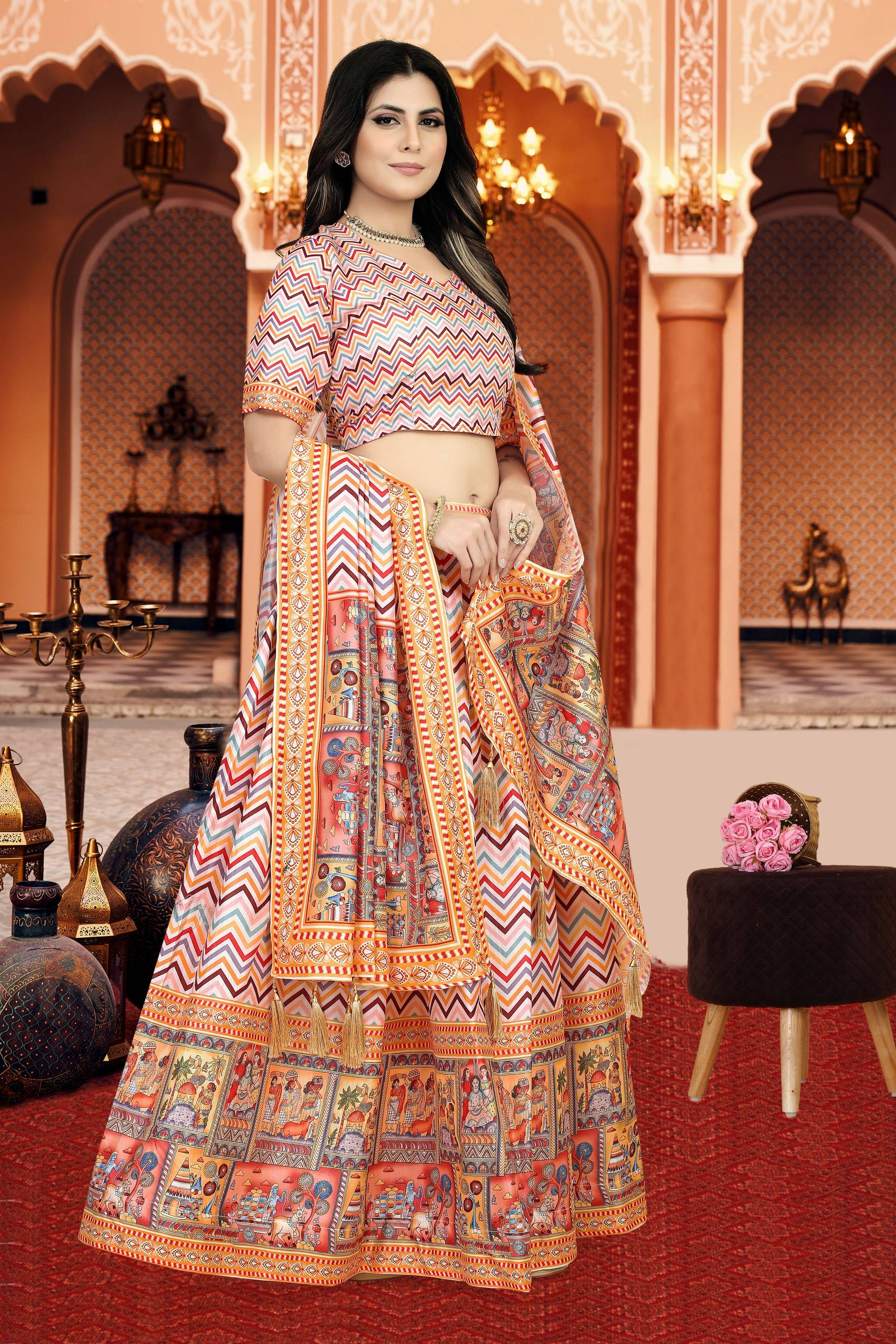 Sonakshi Women's Multicolor Dola Silk Digital Printed Lehenga Choli With Dupatta - Distacart