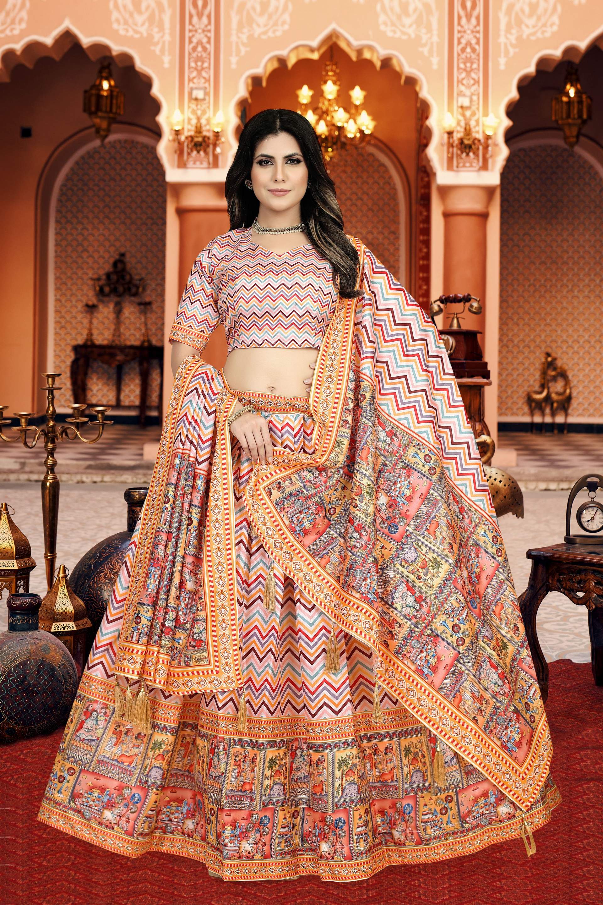 Sonakshi Women's Multicolor Dola Silk Digital Printed Lehenga Choli With Dupatta - Distacart