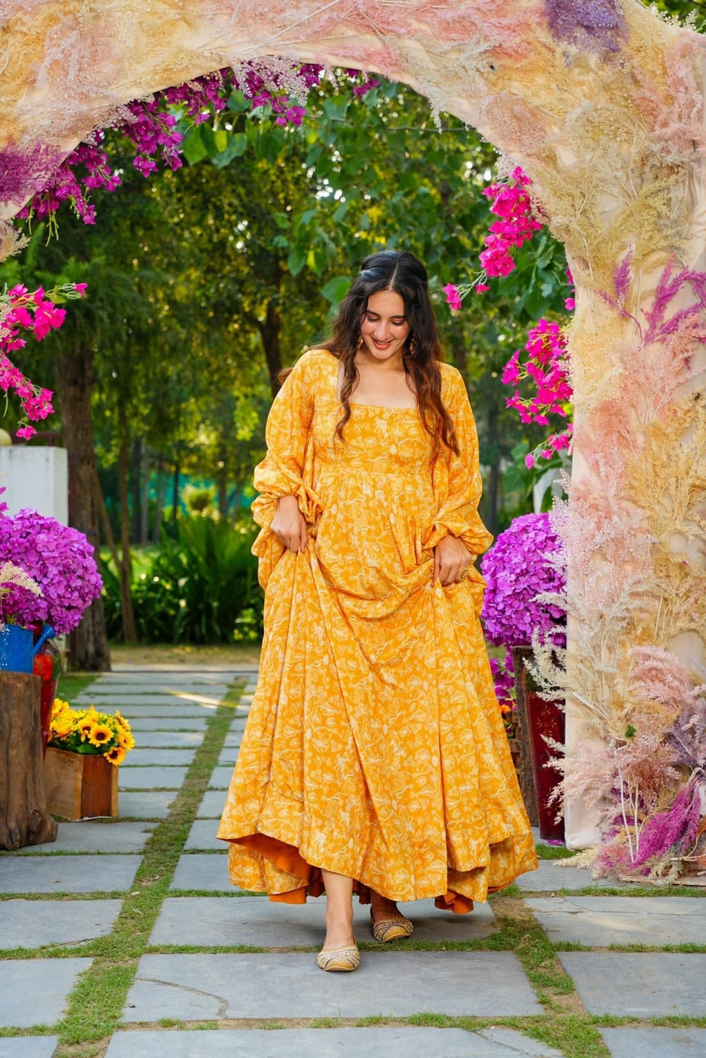 Sonakshi Women's Yellow Georgette Digital Print Full Round Flair Anarkali Gown Set - Distacart