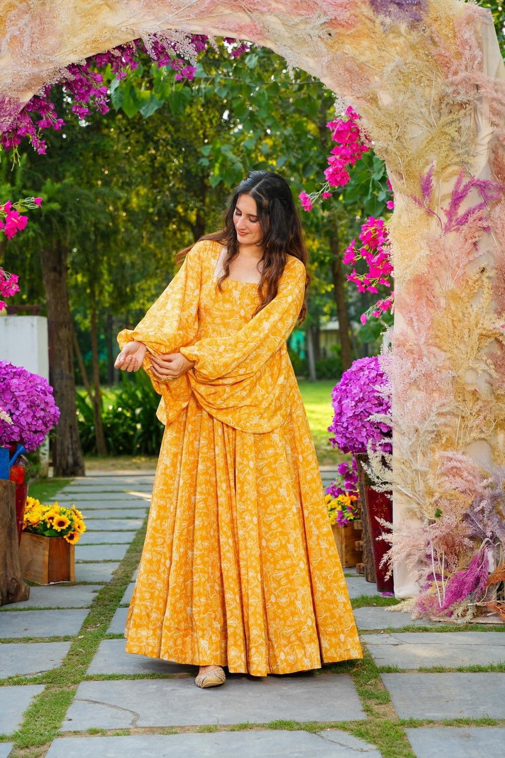 Sonakshi Women's Yellow Georgette Digital Print Full Round Flair Anarkali Gown Set - Distacart