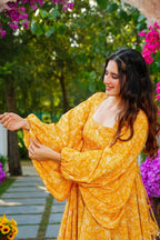 Sonakshi Women's Yellow Georgette Digital Print Full Round Flair Anarkali Gown Set - Distacart