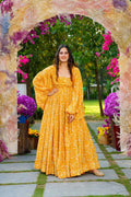 Sonakshi Women's Yellow Georgette Digital Print Full Round Flair Anarkali Gown Set - Distacart