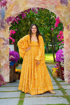 Sonakshi Women's Yellow Georgette Digital Print Full Round Flair Anarkali Gown Set - Distacart