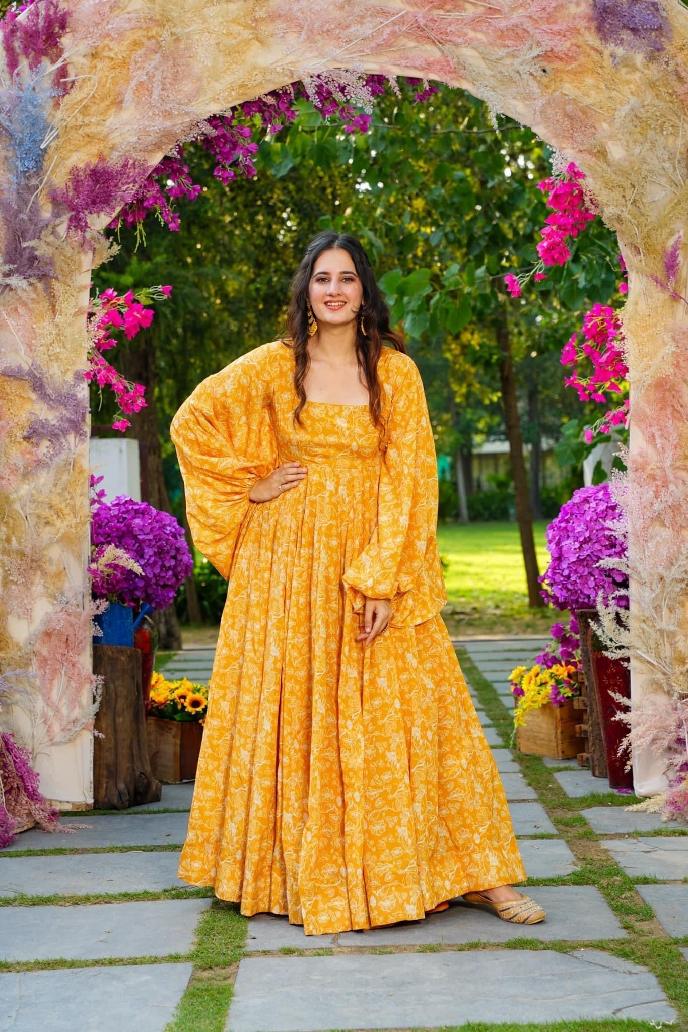 Sonakshi Women's Yellow Georgette Digital Print Full Round Flair Anarkali Gown Set - Distacart