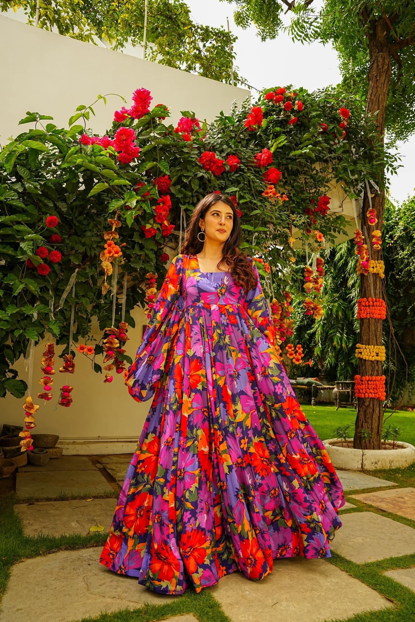 Sonakshi Women's Multicolor Georgette Digital Print Full Round Flair Anarkali Gown Set - Distacart